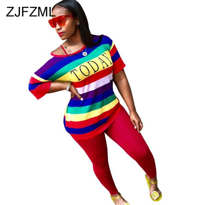 

Rainbow Striped Two Piece Matching Set Women Clothes Cold Shoulder Short Sleeve Basic Tees and Pencil Pants Causal 2 Pcs Outfit