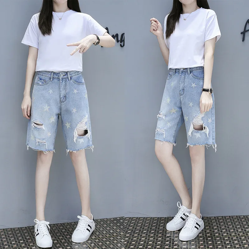 

European Station 2020 New Denim Shorts Women Loose Hot Drill Straight Pants Broken Hole Printing Was Thin Denim Shorts Jfmhrx
