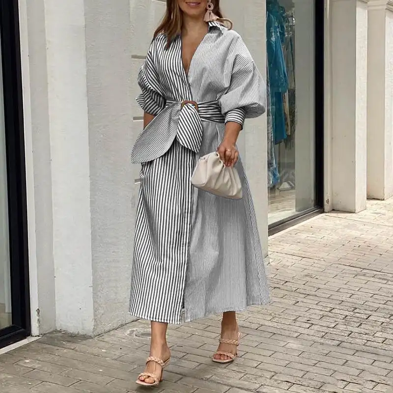Striped Shirt Dress 2021 VONDA Women Vintage 3/4 Sleeve Lapel Neck Belted Dress Holiday Party Striped Long Vestidos Oversized Striped Shirt Dress 2021 VONDA Women Vintage 3/4 Sleeve Lapel Neck Belted Dress Holiday Party Striped Long Vestidos Oversized