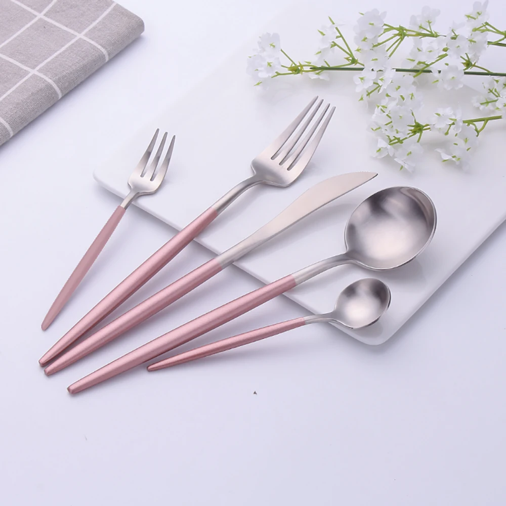 5Pcs Beige Gold 304 Stainless Steel Flatrware Knife Fork Spoon