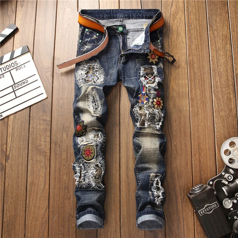 Koop 2019 Herfst Winter Mannen Patchwork Ripped Geborduurd Stretch Jeans Trendy Gaten Rechte Denim Trouers
