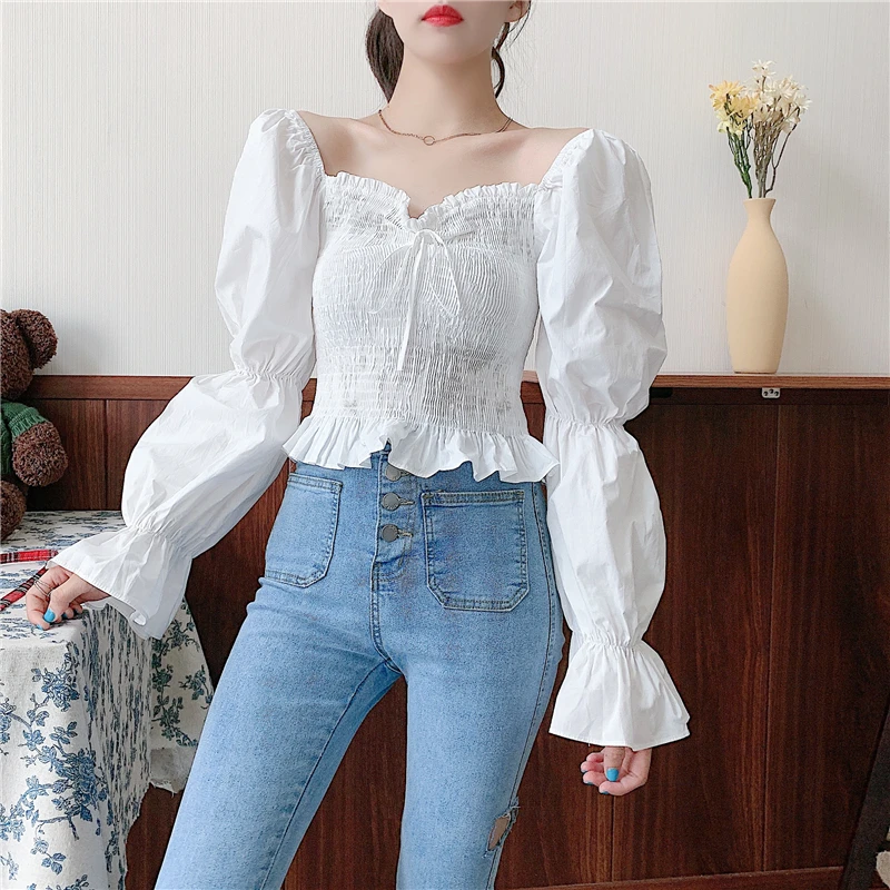 Women Square Neck Ruffles Blouses Pleated Stitching Shirt Long Puff Sleeve Pullover Tops Lady French Palace Lolita Vintage Blusa free shipping womens lolita hollow out birdcage petticoat 4 hoops pleated ruffles underskirt