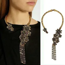 Винтажное этническое ожерелье, женское золотое ожерелье-чокер, женское этническое ожерелье, CZ Стразы, цветок, Длинная кисточка, большое массивное ожерелье