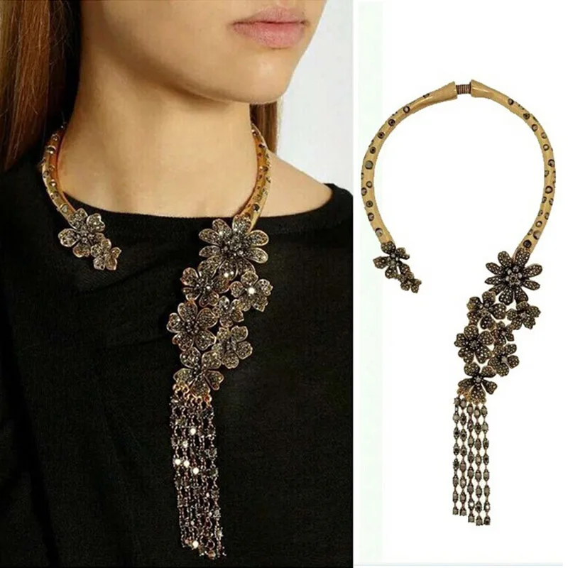 Vintage Ethnic Necklace Women Gold Opening Choker Tribal Female CZ Rhinestone Flower Long Tassel Big Statement | Украшения и