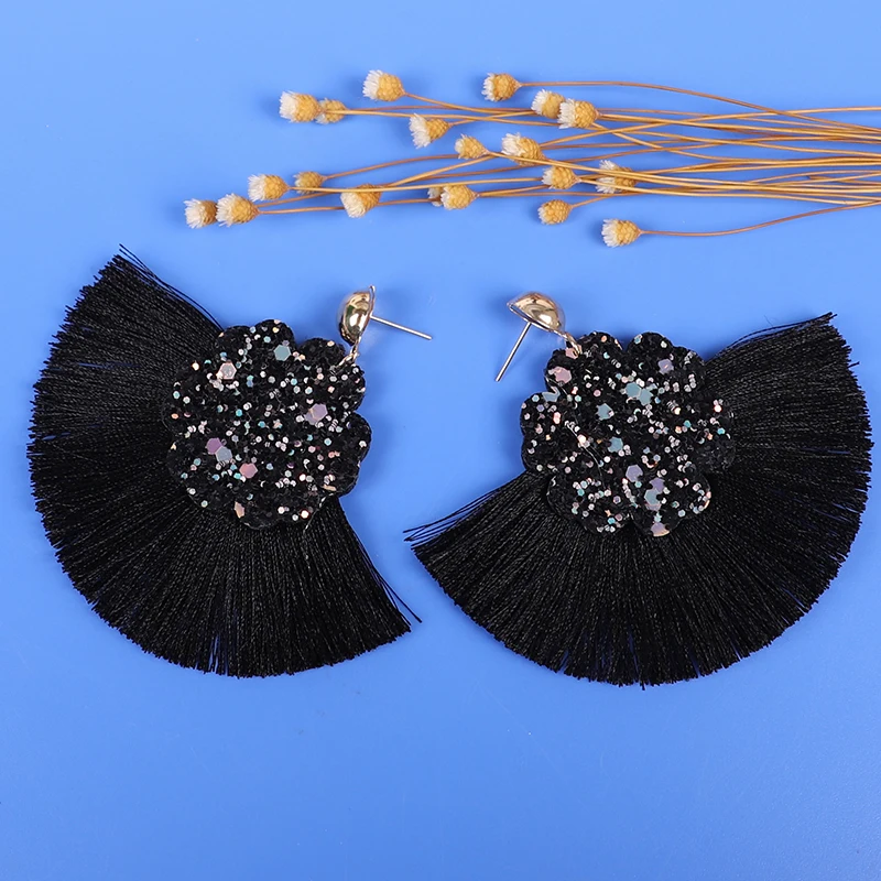 H4098589fb3454ee6aa2080ff7698f04fU - New fringed ladies earrings bohemian style long paragraph geometric fashion pendant gift statement black earrings female rope cc