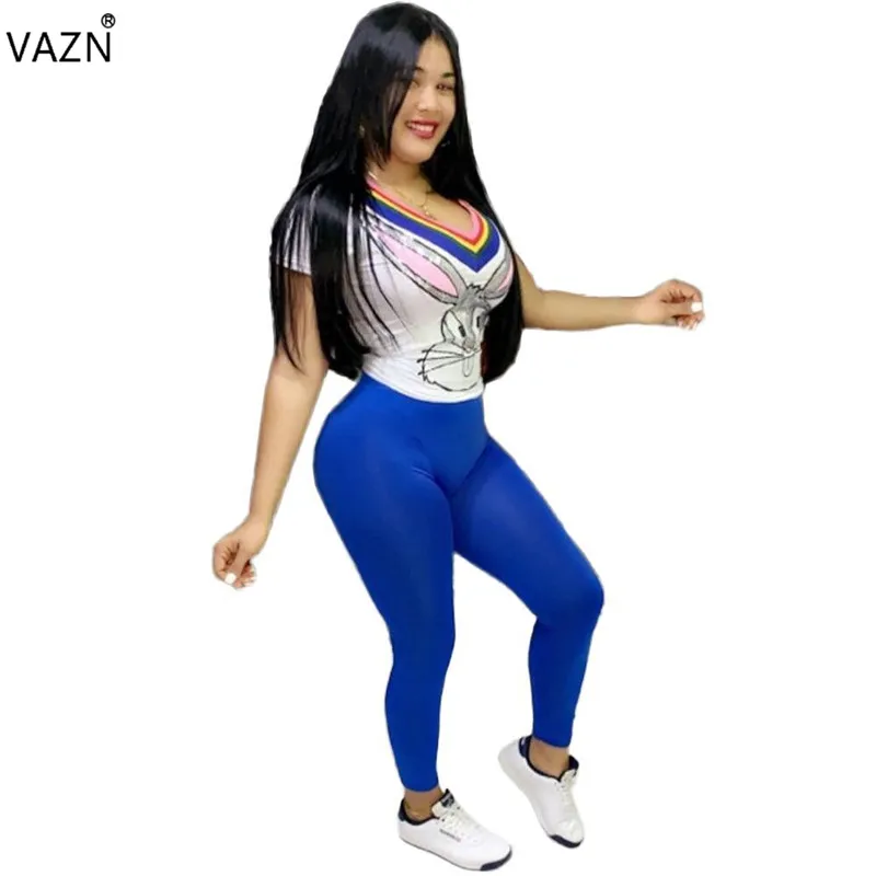 VAZN NM8049 продукт летний сексуальный женский синий комплект из 2 предметов с короткими рукавами с v-образным вырезом длинные штаны Тонкий комплект сексуальная Леди Уличная одежда комплект - Цвет: Синий