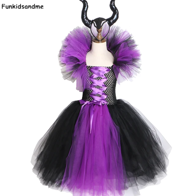 Maleficent Evil Queen Girls Tutu Dress with Horns Halloween Cosplay Witch Costume for Girls Kids Party Dress Children Clothing