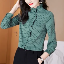 Aliexpress - Korean Women Blouses Chiffon Blouse Women Long Sleeve Shirt Woman Vintage Ruffles Shirts Tops Woman Dot Print Blouse Shirts 3XL