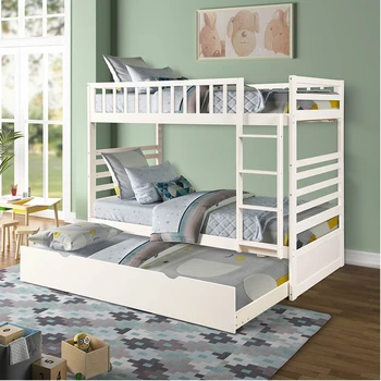 

Bunk Bed Twin Over frame for Kids Children Twins Solid Wood Bedroom Furniture With Guardrail Stair Banisters American Style