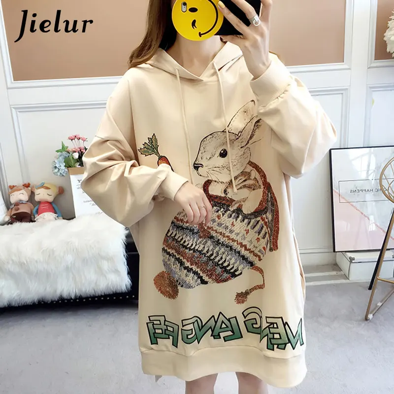Хаки Jielur осенняя свободная негабаритная с капюшоном для женщин милый кролик мультфильм принт хаки розовый белый Женская толстовка с капюшоном длинный пуловер M-XL - Цвет: Хаки
