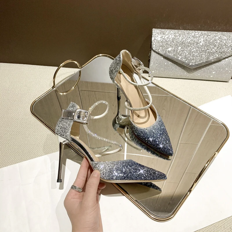 

Gradient stiletto sandals female 2021 summer new sequin crystal bridal wedding shoes pointed toe all-match banquet dress shoes