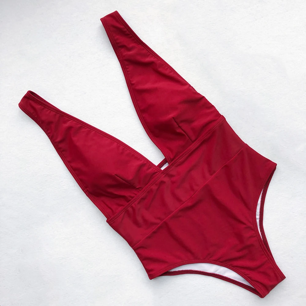 

Solid Swimwear One Piece Swimsuit Women Deep V Bodysuit Sexy Push Up Bathing Suit Padded Monokini Halter Swimming Suit Beachwear