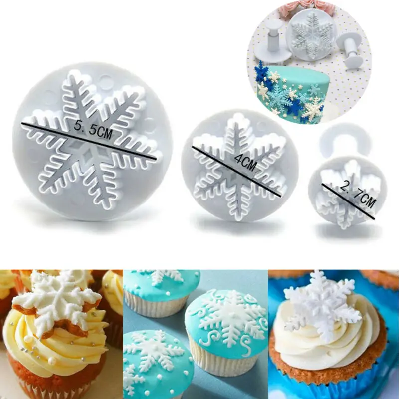 3pcs Snowflake Plunger Cutter Mold Sugarcraft Fondant Cake Decorating Tool /_vi