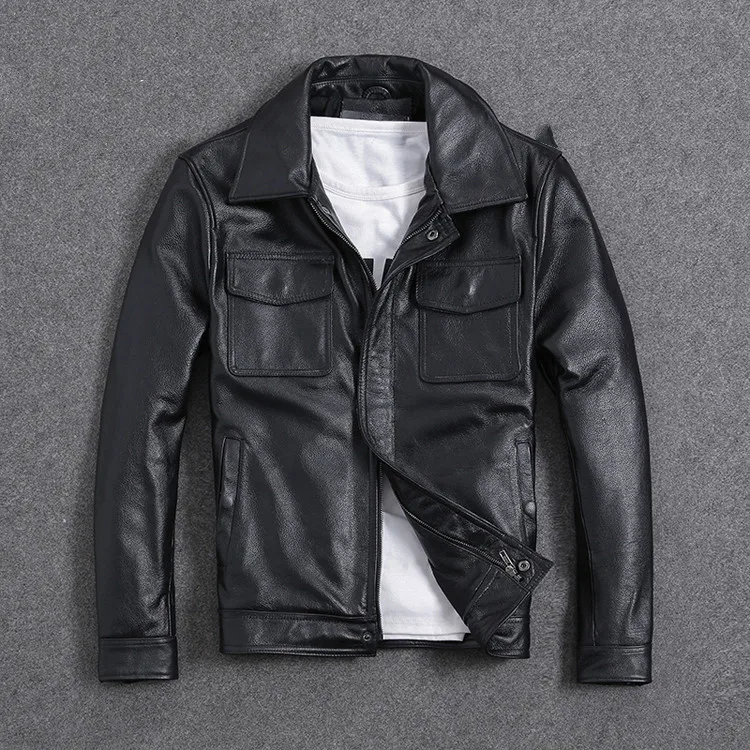 H40990245a4fc4045b0496c9a4b0c67e2L AYUNSUE Vintage Genuine Cow Leather Jacket Men Plus Size Cowhide Leather Coat Slim Short Jacket Veste Cuir Homme L-Z-14 YY1366