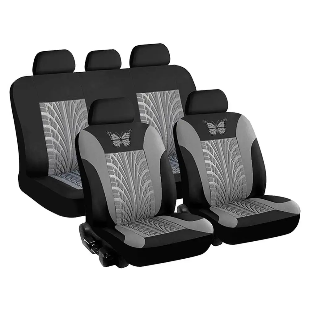 Carrfan Car Seat Cover Full Set, Grey Universal Butterfly Pattern  Embroidery Auto Seat Cover Set