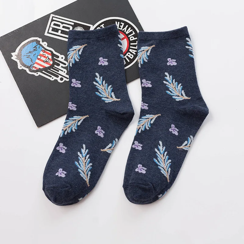 3 пар/лот, женские осенне-зимние носки, хлопковые носки с принтом растений, забавные носки с рисунками, Kawaii Sokken Calcetines - Цвет: Синий