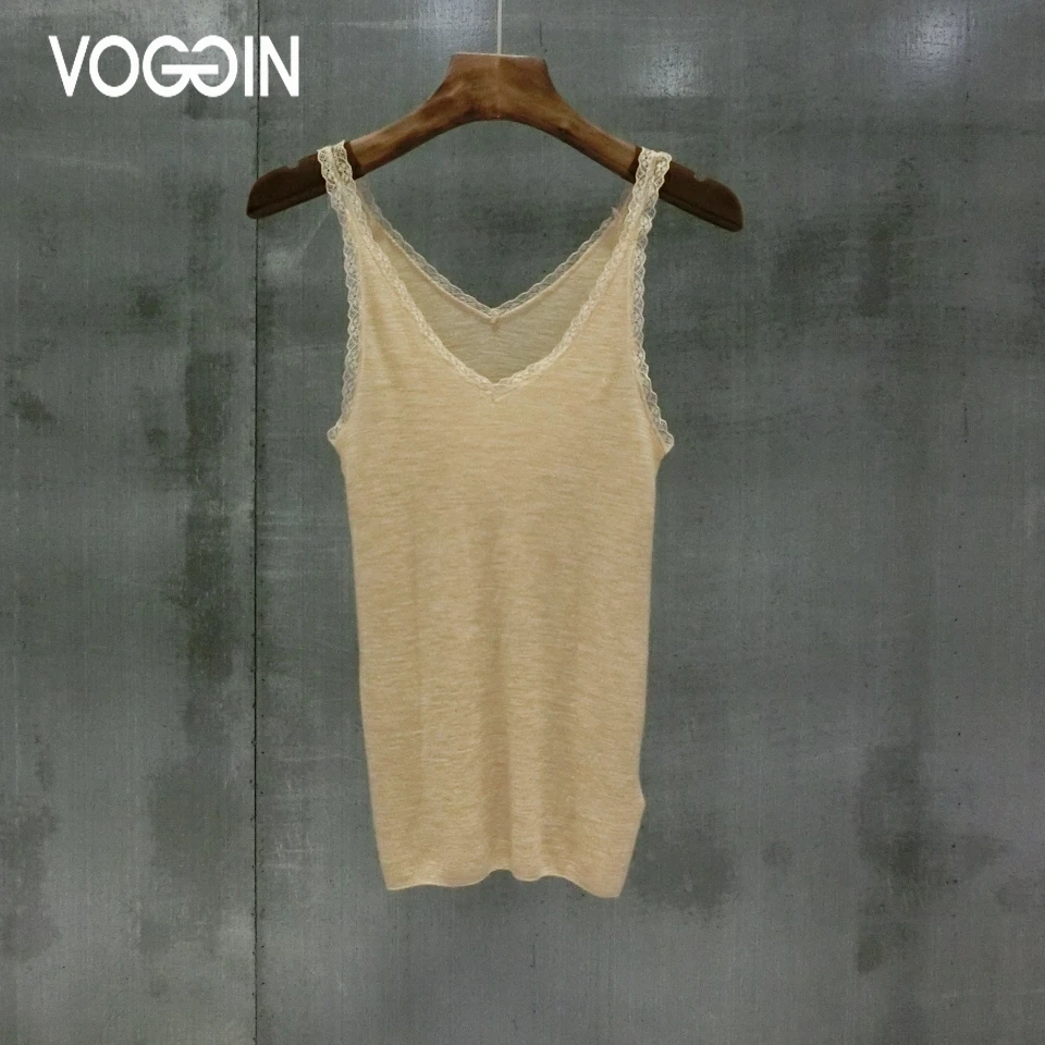 

VOGGIN Wool cami top Merino Wool superfine V Neck water Soluble 2020 New Women Camitops With Lace Pure Sexy homewear