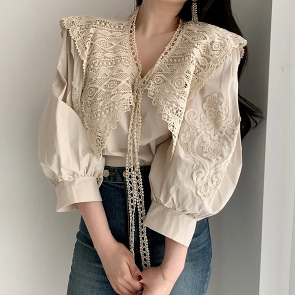  SHENGPALAE 2020 Autum New Arrival 3 Colors Women Blouses Embroidery Puff Sleeve Korean Fashion Fema