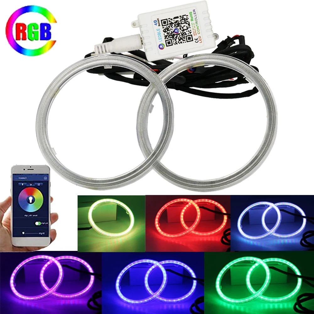 2PCS Car Rings COB RGB 60MM 70MM 80MM 90MM 95MM 100MM 110MM 120MM LED Halo Headlight Angel Eyes Mobile APP With Cover | Автомобили и