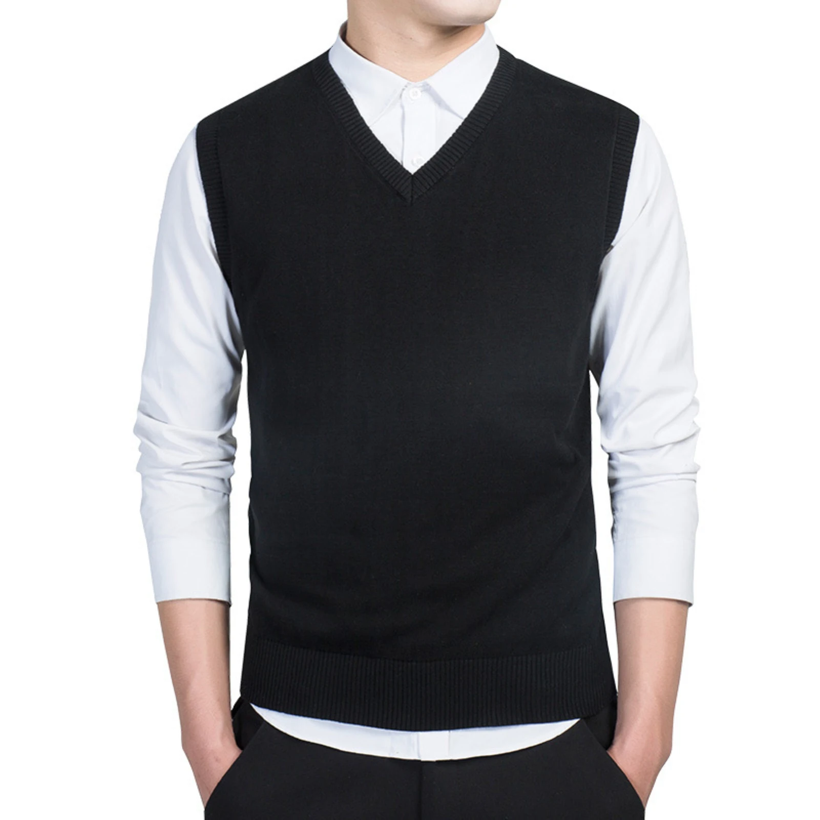 Men Sweater Vests Mens Knitted Vest Men Autumn Winter Solid Color Sleeveless V Neck Knitted Sweater Business Vest