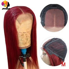 Remyblue прямые волосы 4x4 кружева Закрытие средней Ration "-26" Реми парики из натуральных волос на кружевной 99J красный бордовый эффектом деграде(переход от темного к 150% бразильский парик шнурка