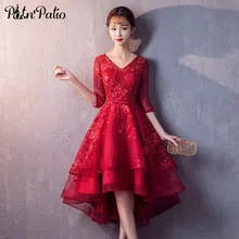 Винно-красные платья для выпускного вечера элегантные с v-образным вырезом короткие спереди длинные сзади кружевные платья для выпускного вечера с рукавами 3/4