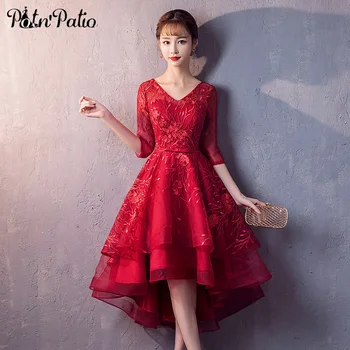 

Wine Red High Low Prom Dresses 2019 Elegant V-neck Short Front Long Back Lace Graduation Dresses With 3/4 Sleeves