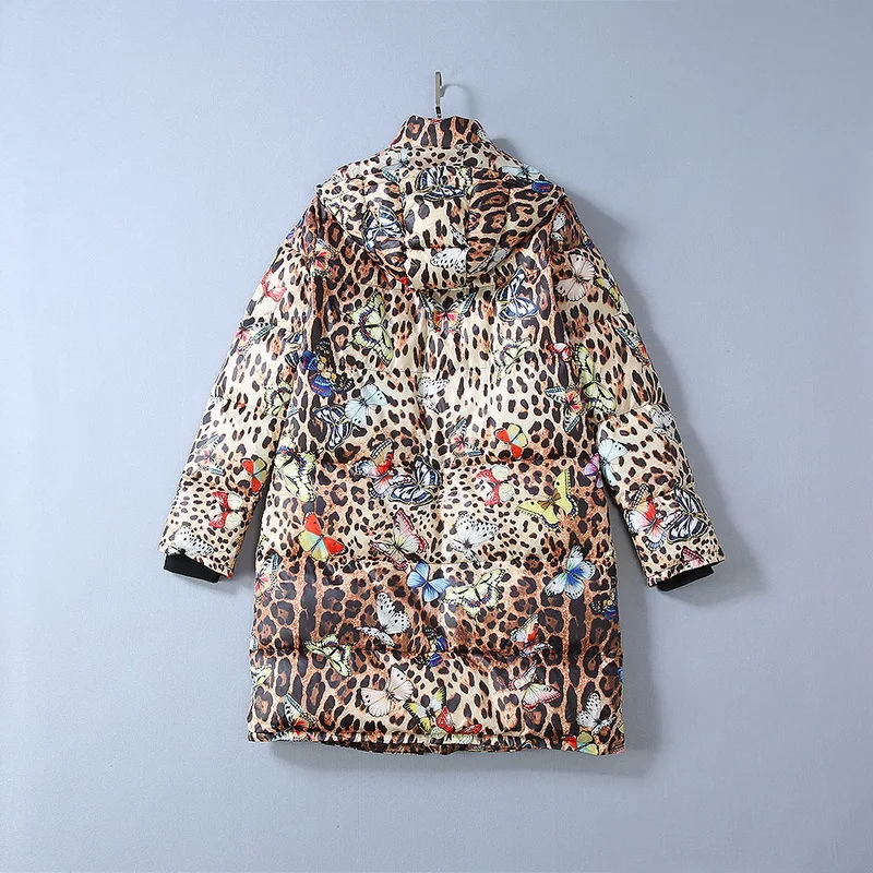 new fashion luxury Panther print butterfly print hoodie long style thickened down jacket