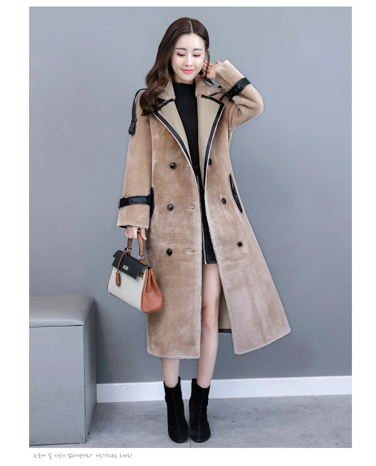 HANZANGL sheared пальто из овечьей шерсти зимнее женское двубортное пальто из овечьей шерсти узкий длинный плащ верхняя одежда цвета хаки/черный/верблюжий