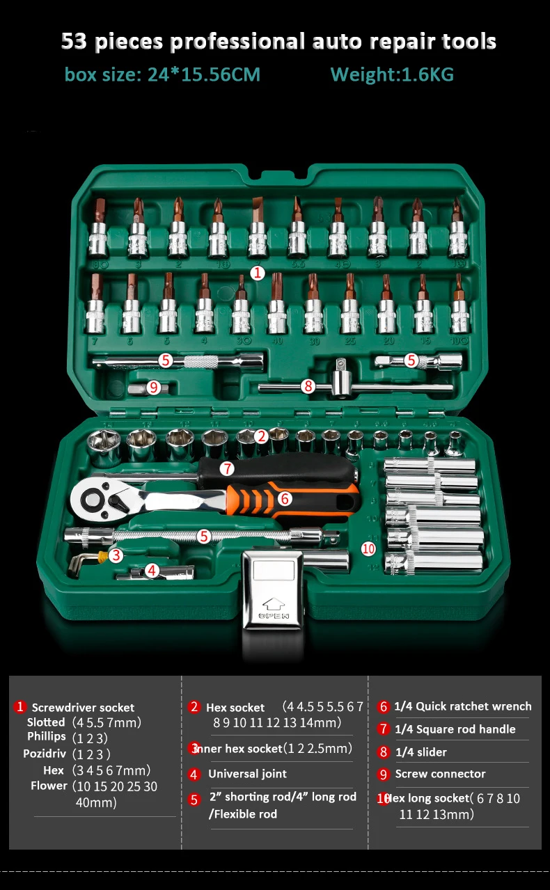Универсальный бытовой Автомобильный ремонтный набор инструментов с пластиковым ящиком для инструментов, чехол для хранения, торцевой ключ, отвертка, набор ручных инструментов
