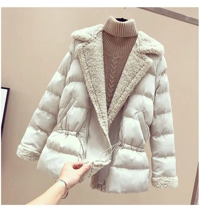 Neploe/Женская куртка из овечьей шерсти на молнии, зимнее пальто средней длины, теплая парка на шнурке, тонкая верхняя одежда с карманами на талии 54489