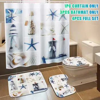 

Ocean Lighthouse Starfish Bottle Bathroom Shower Curtain Set Toilet Seat Cover Non Slip Rug Lid Floor Mats Bath Curtains w/ Hook