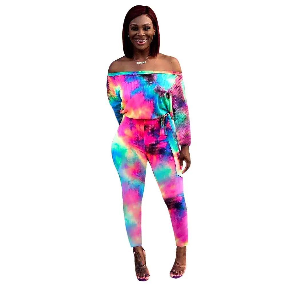 Комбинезоны с принтом Tie dye для женщин, пляжный стиль, slash шеи+ пояса, комбинезоны в полную длину, популярная распродажа комбинезонов LS3655