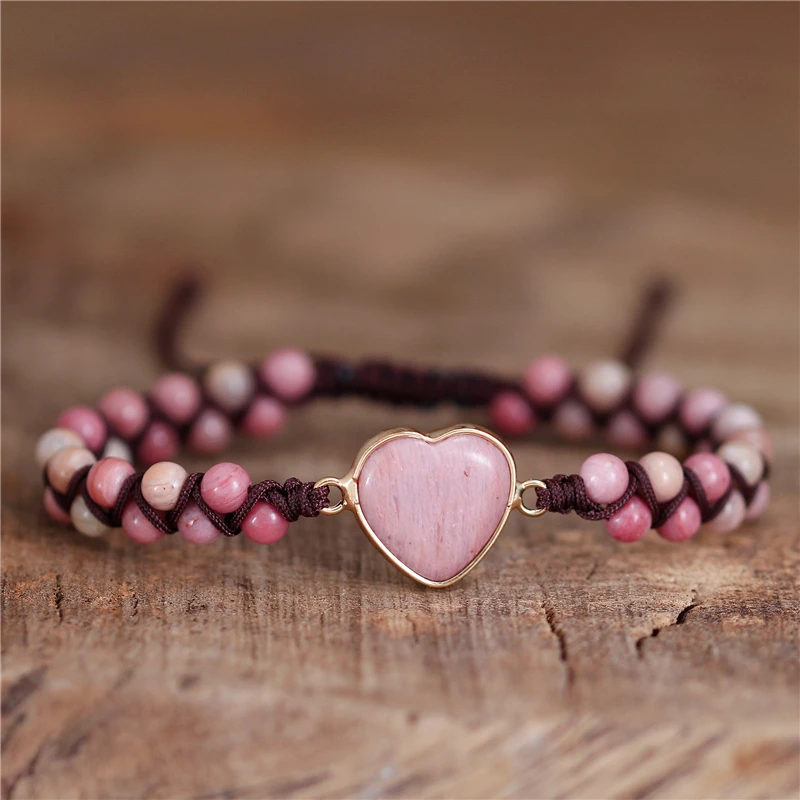 

Rhodonite Heart Charm and Beads Bracelet Boho String Braided Stretch Yoga Friendship Lover Bracelet Femme Jewelry Gift Dropship