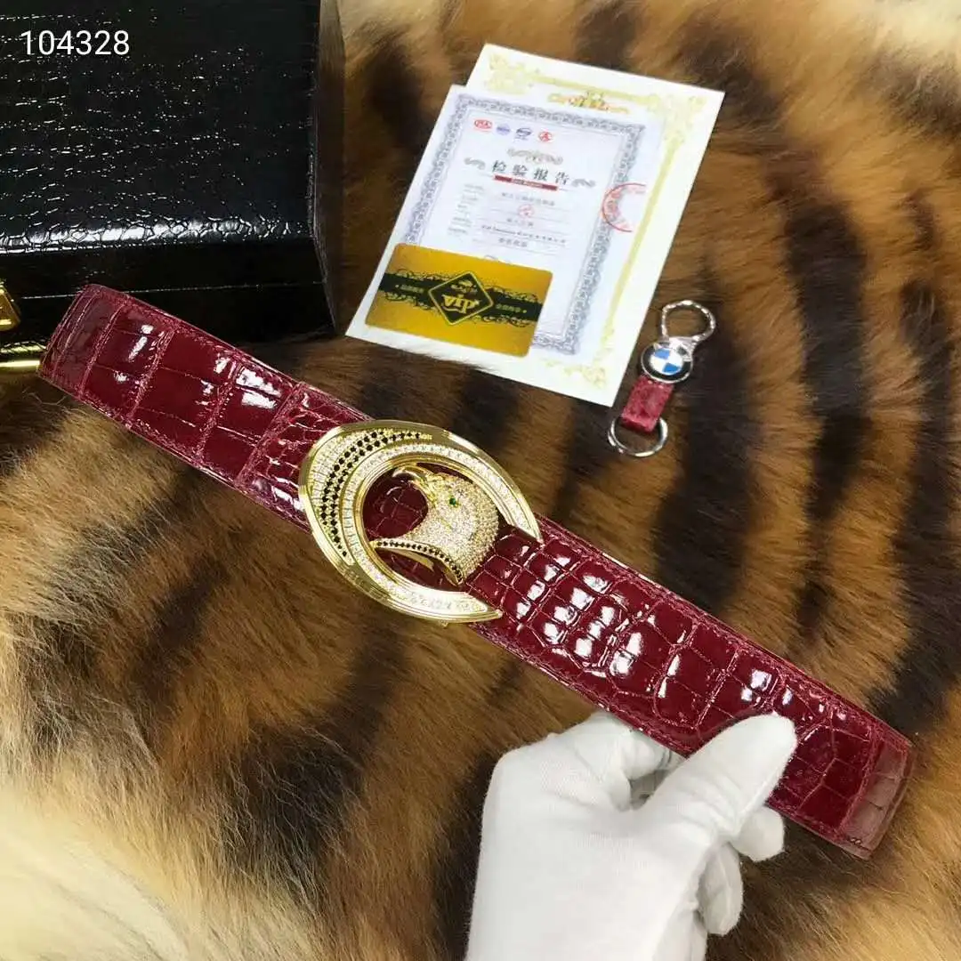 

Burgundy gold crocodile skin men belt high glossy shinny alligator leather belly skin men dress belts stainless steel buckle