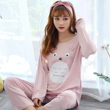 [Beauty Yi] Весна и осень с длинным рукавом Тоторо розовый Qmilch 150 г пижамы женский спортивный костюм с вырезом лодочкой комплект из двух предметов