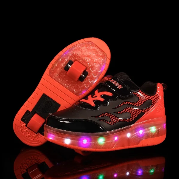 Светящиеся кроссовки с двумя колесами розового, синего и красного цветов; Светодиодный светильник; обувь для катания на роликах для детей; детская обувь с подсветкой; обувь для мальчиков и девочек; унисекс - Цвет: Красный