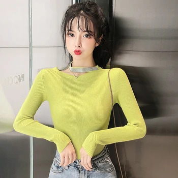 

A089 # Autumn Black Halter Knitted Jacket Women's Charade-off-Shoulder Base Shirt