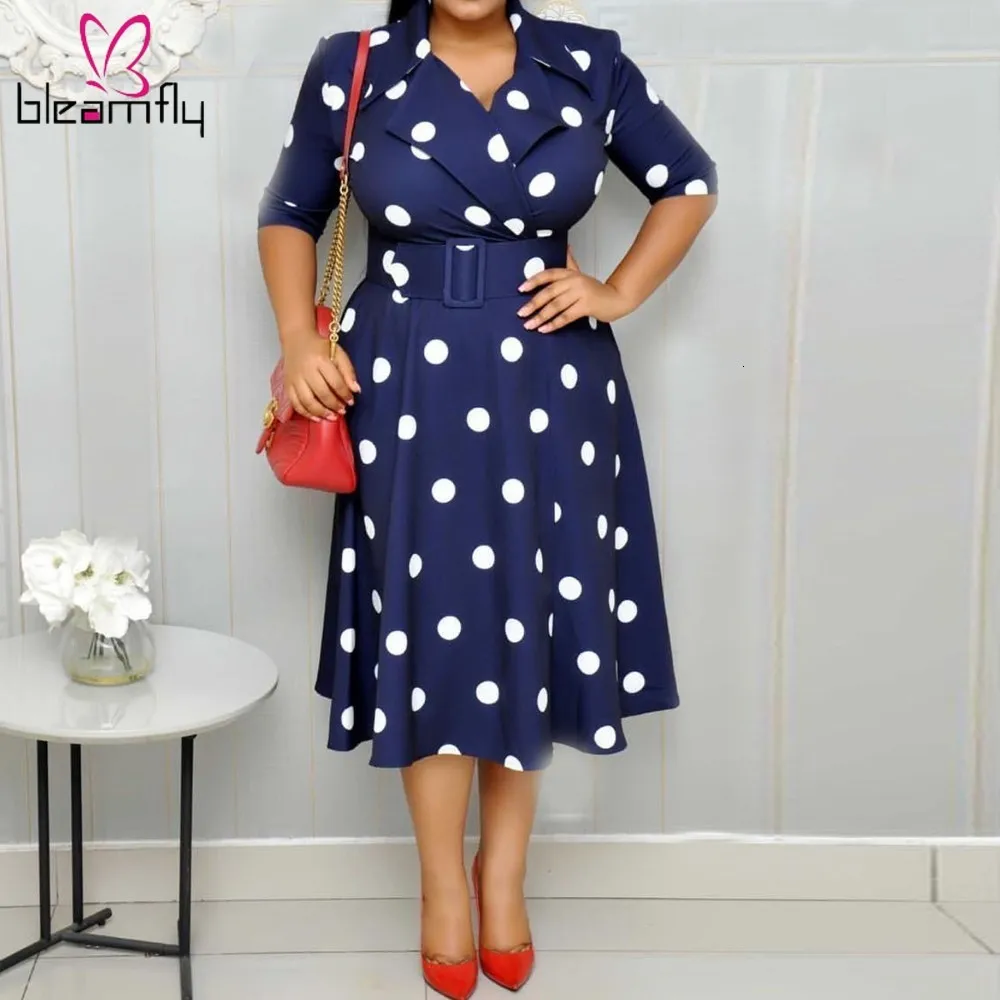 

Plus Size Women Vintage Dress Office Lady Polka Dot A-line Dresses Half Sleeve Midi Dresses Summer Elegant Formal Vestidos