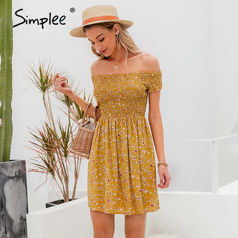 Simplee элегантное платье с открытыми плечами для женщин мини Boho цветочным принтом
