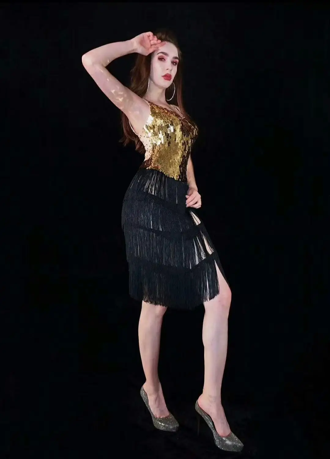 Мода Sparkly Блесток Кисточкой Full Mesh Праздновать День Рождения Платье See Through Платье Черные Голые Женщины Сексуальный Костюм Dance Show Dress