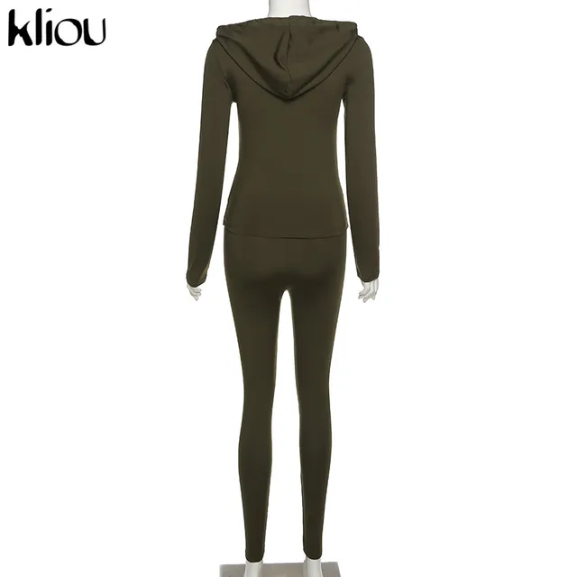 Kliou Autumn New Women Hooded Zipper Pocket Long Sleeve Tops