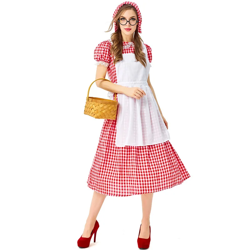 

Women Red Plaid Oktoberfest Traditional Bavarian Beer Wench Maid Dirndl Dress Halloween Farm Maid Cosplay Costume