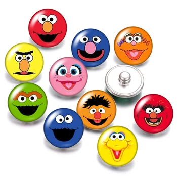 

Sesame Street Elmo Cookie Monster 18mm snap buttons 10pcs mixed round photo glass cabochon style for snap button jewelry