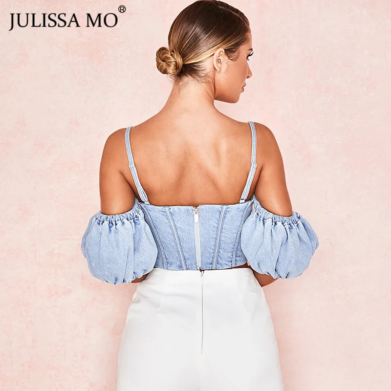 JULISSA MO джинсовый сексуальный бандажный укороченный топ женские модные синие джинсы с пышными рукавами Свободная безрукавка ковбойская майка уличная Бюстье Топы