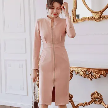 

High Street Suede Dress Women Long Sleeve Bodycon Zippers Dress Vintage Stand Collar Office Lady Dresses