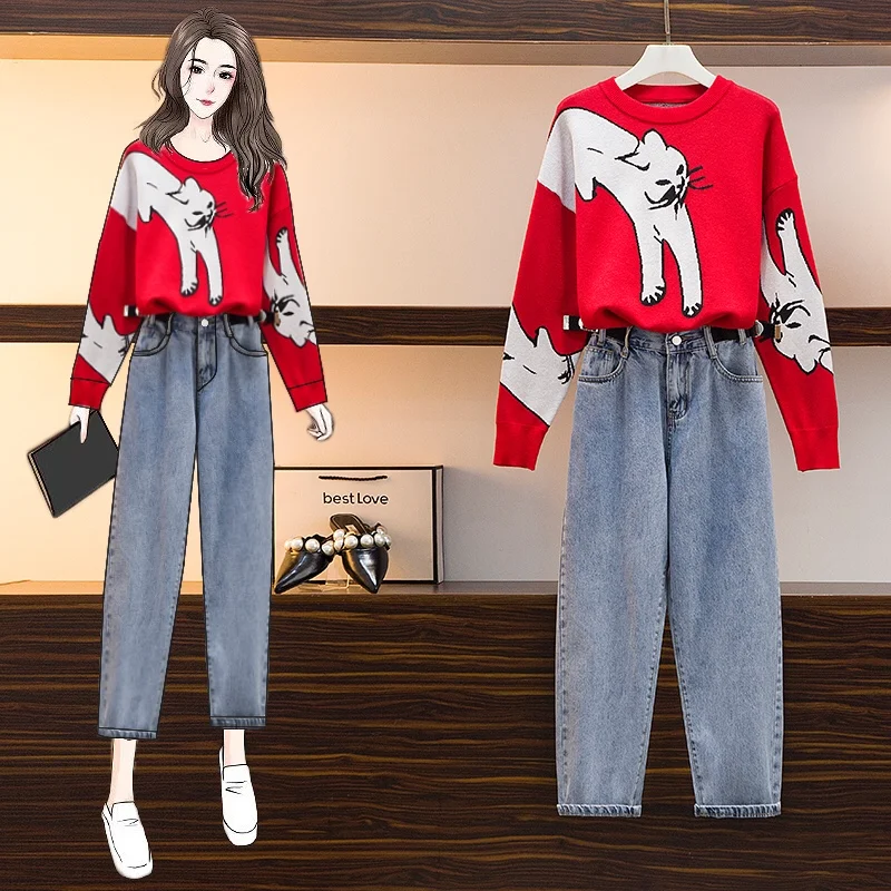 

2020 Autumn Plus Size Women's Loose Long-Sleeved Round-Neck Set Thin Cover Meat All-Match Knit Sweater Tops Jeans M-4XL