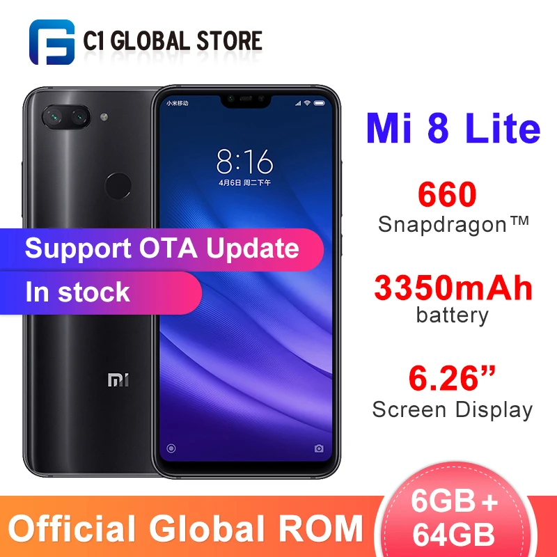 Global rom Xiaomi Mi 8 Lite, 6 ГБ, 64 ГБ, мобильный телефон, Восьмиядерный процессор Snapdragon 660, фронтальная камера 24 МП, 6,26 дюймов, 19:9, полный экран, 3350 мАч