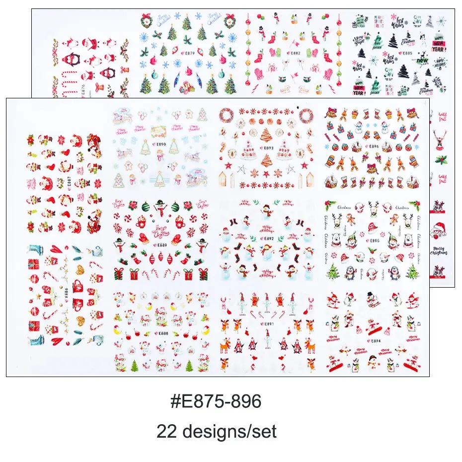11 дизайнерских зимних рождественских наклеек для ногтей, смешанные снежинки, дерево, олень, буквы, 3D рождественские наклейки, слайдер для дизайна ногтей, декор BE1039 - Цвет: E875-896