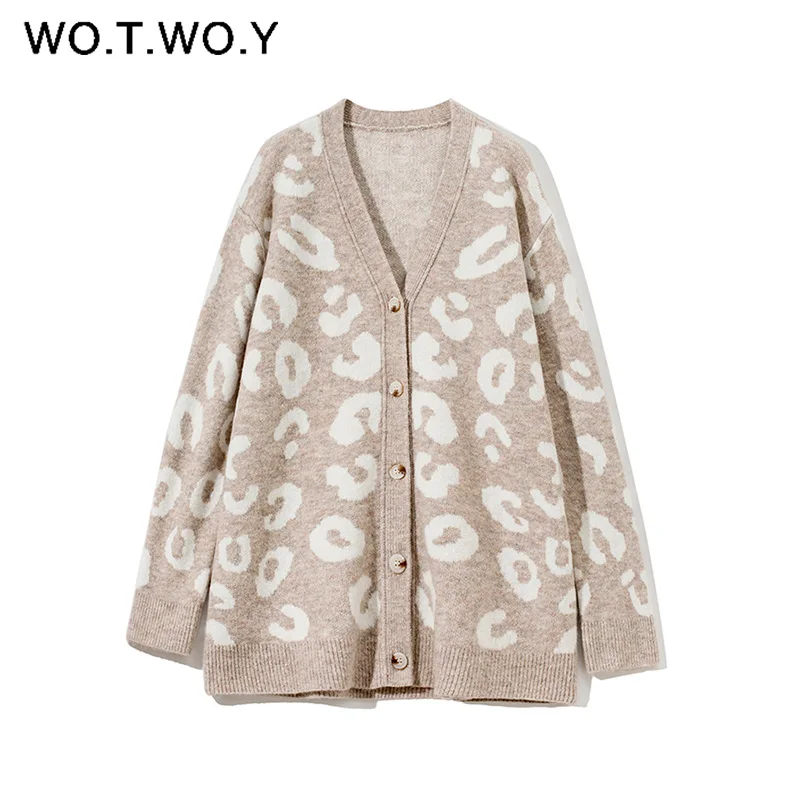 WOTWOY Autumn Winter V Neck Knitted Cardigans Women Single Breasted Printed Loose Sweaters Female Casual Cardigans Soft Knitwear
